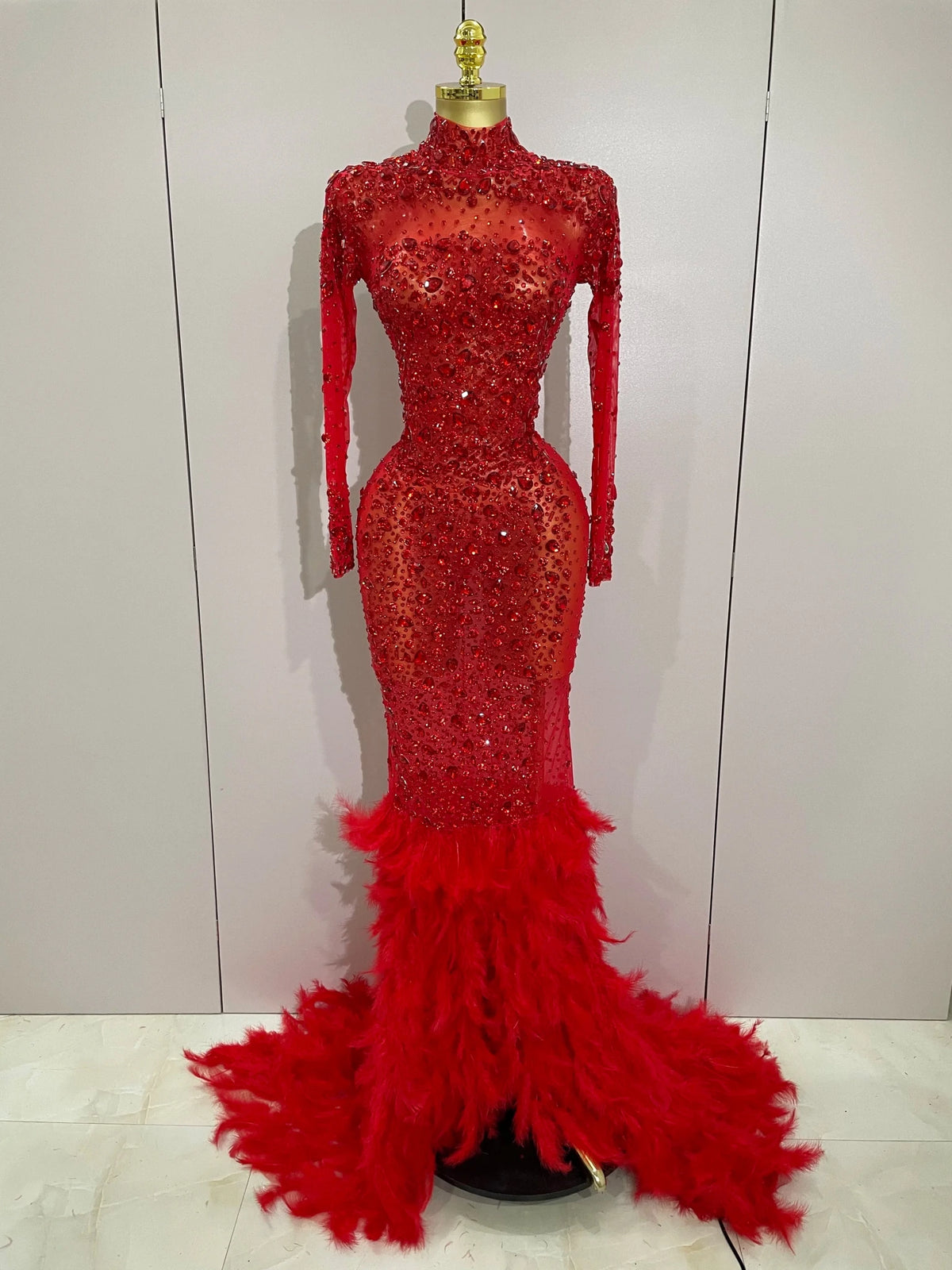 2025 New Sparkling Red Crystals Feathers Long Sleeve Mermaid Maxi Dress Women Wedding Celebrate Luxury Birthday Party Prom Gown - Luzilly Bridal & Apparel