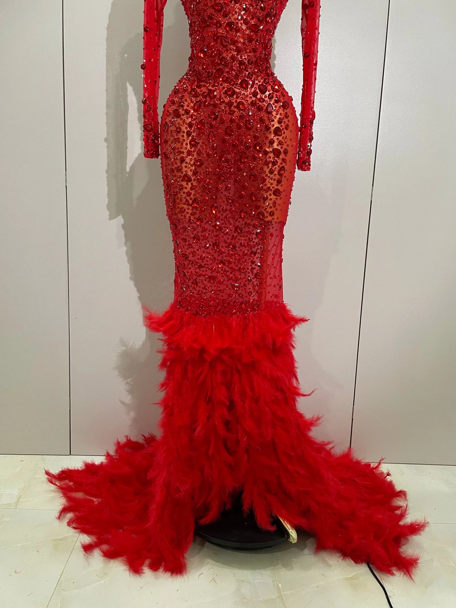 2025 New Sparkling Red Crystals Feathers Long Sleeve Mermaid Maxi Dress Women Wedding Celebrate Luxury Birthday Party Prom Gown - Luzilly Bridal & Apparel