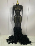 2025 New Sparkling Red Crystals Feathers Long Sleeve Mermaid Maxi Dress Women Wedding Celebrate Luxury Birthday Party Prom Gown - Luzilly Bridal & Apparel