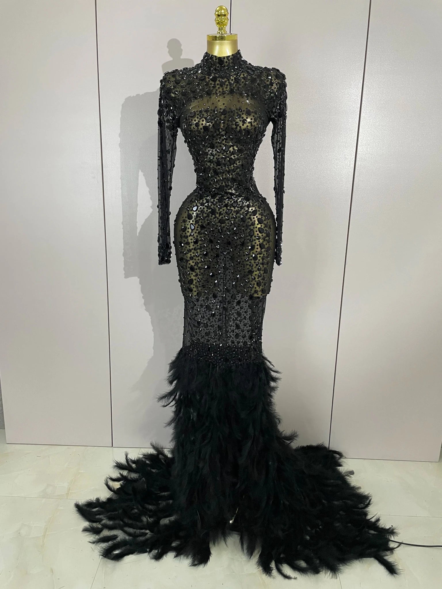 2025 New Sparkling Red Crystals Feathers Long Sleeve Mermaid Maxi Dress Women Wedding Celebrate Luxury Birthday Party Prom Gown - Luzilly Bridal & Apparel