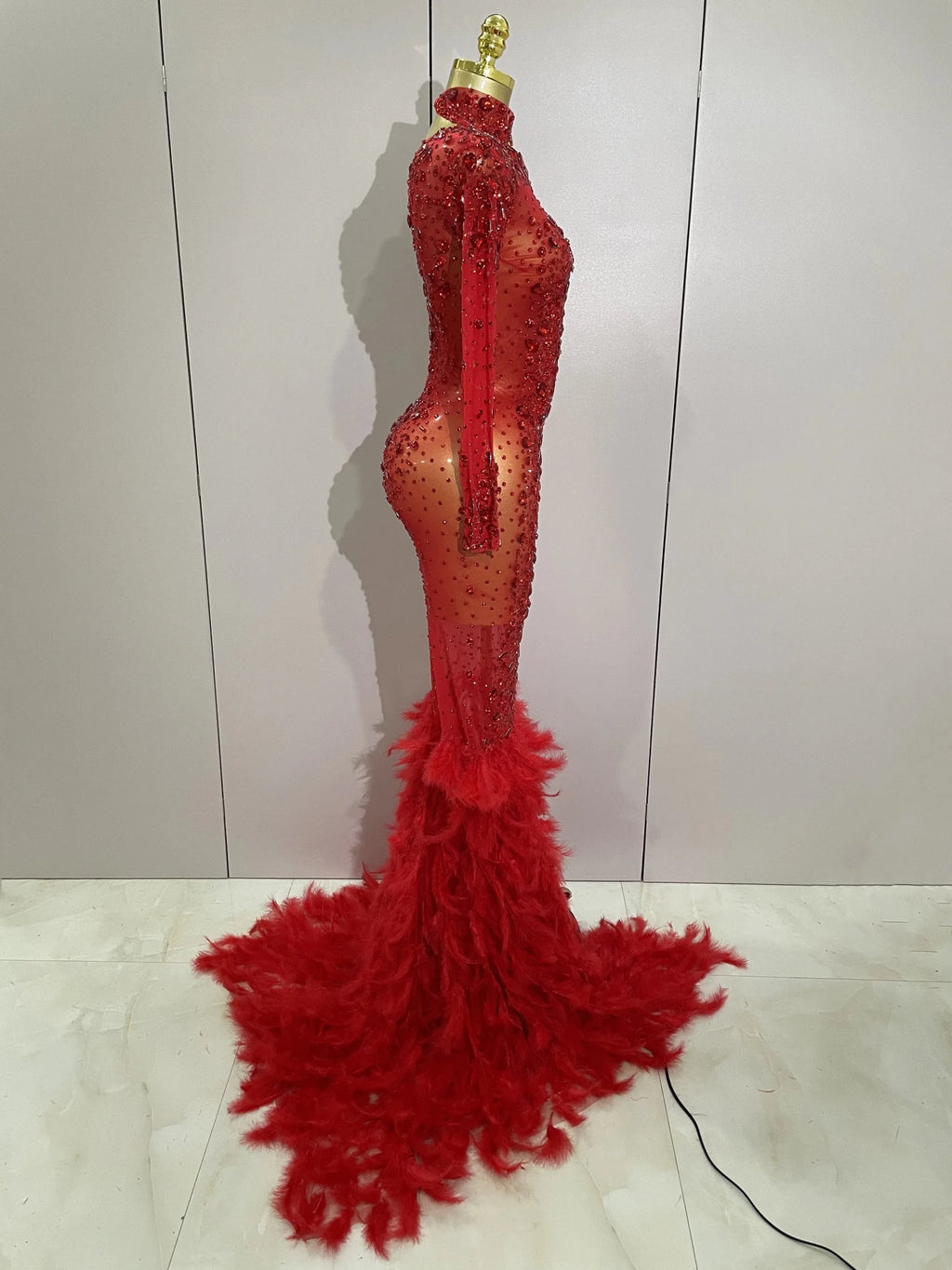 2025 New Sparkling Red Crystals Feathers Long Sleeve Mermaid Maxi Dress Women Wedding Celebrate Luxury Birthday Party Prom Gown - Luzilly Bridal & Apparel