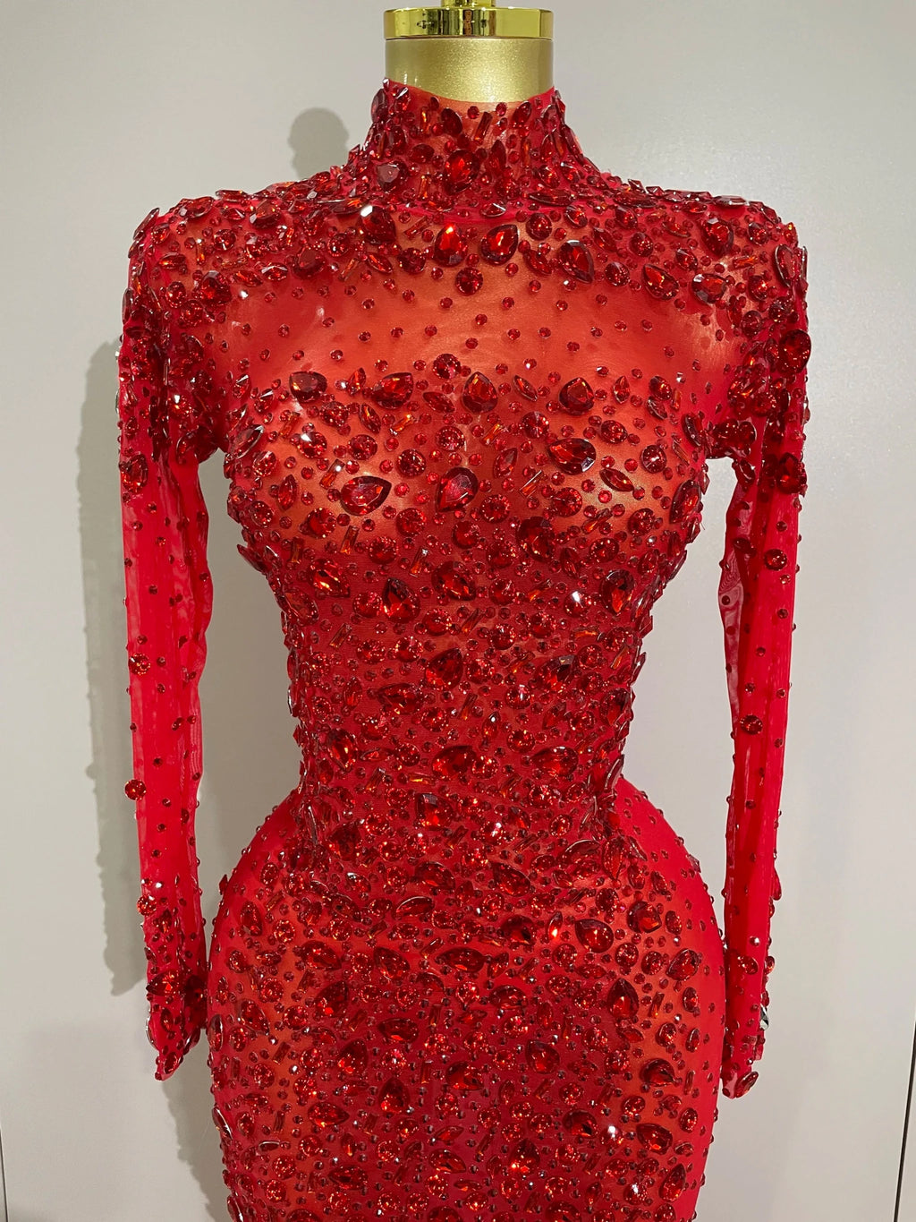 2025 New Sparkling Red Crystals Feathers Long Sleeve Mermaid Maxi Dress Women Wedding Celebrate Luxury Birthday Party Prom Gown - Luzilly Bridal & Apparel