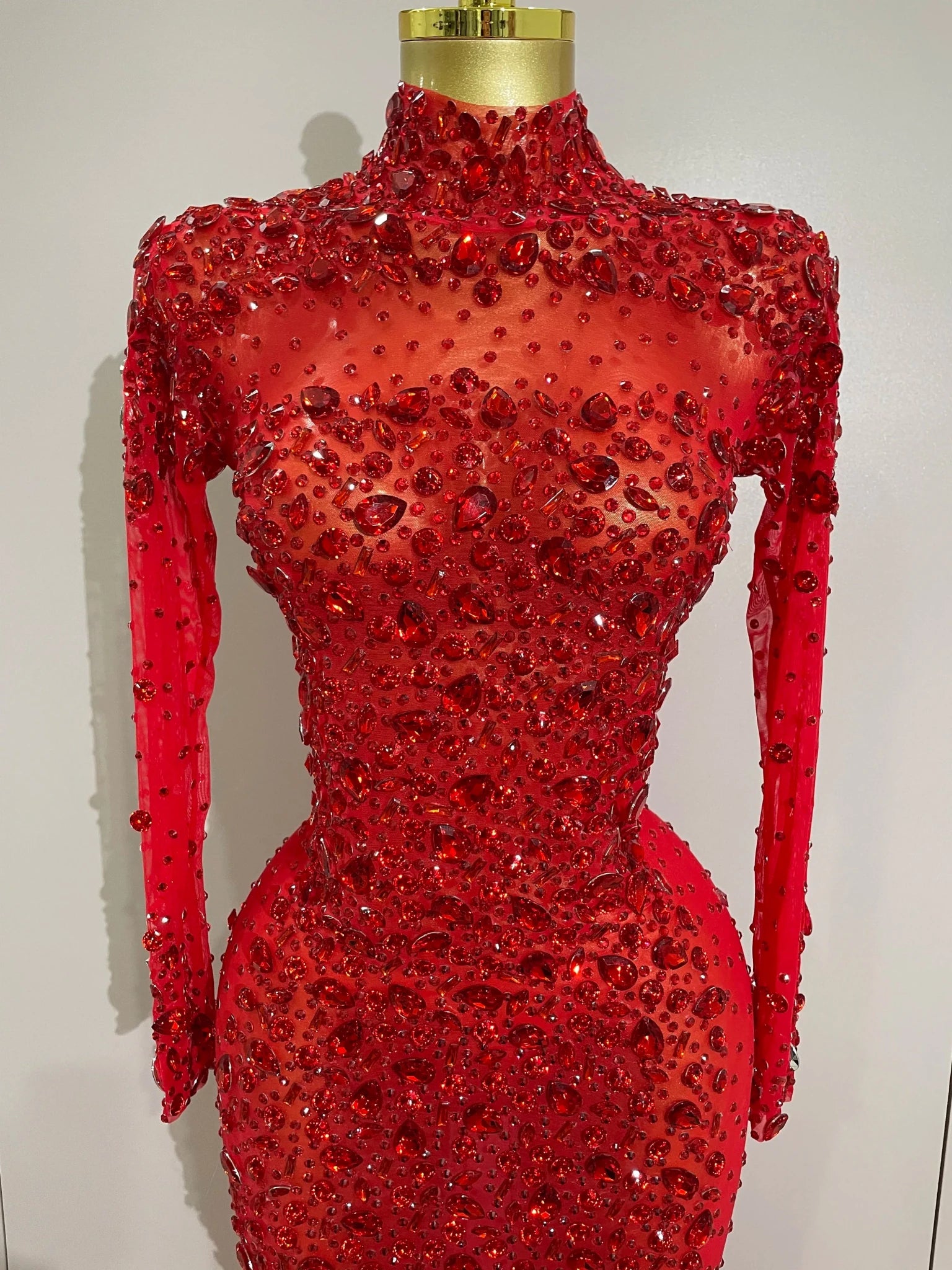 2025 New Sparkling Red Crystals Feathers Long Sleeve Mermaid Maxi Dress Women Wedding Celebrate Luxury Birthday Party Prom Gown - Luzilly Bridal & Apparel