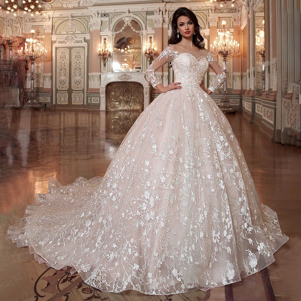 2026 Luxury Wedding Dresses Ball Gown With Embroidery O-Neck Illusion Long Sleeves Bridal Gowns Lace Appliques Vestido De Noiva - Luzilly Bridal & Apparel