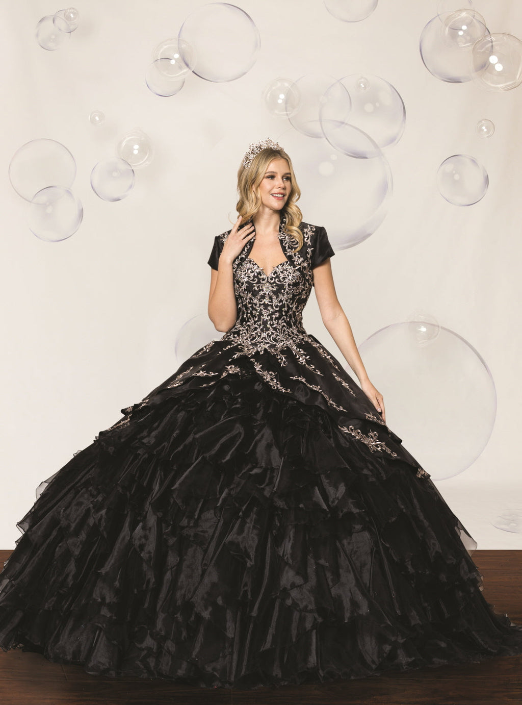 Black Flounced Quinceañera Ball Gown