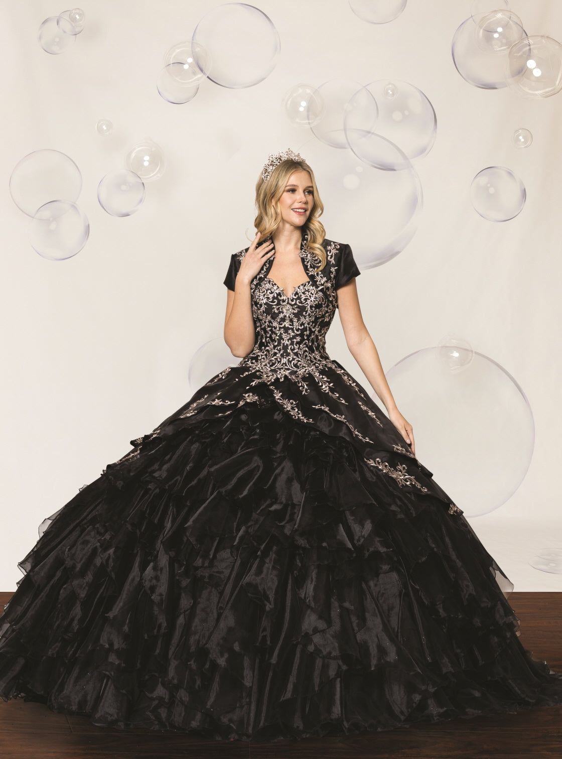 Black Flounced Quinceañera Ball Gown