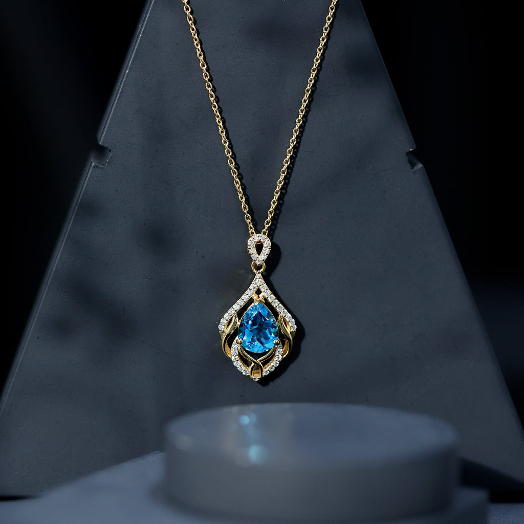 2.2 Carat Swiss Blue Topaz Designer Wedding Necklace with Lab Diamond - Luzilly Bridal & Apparel