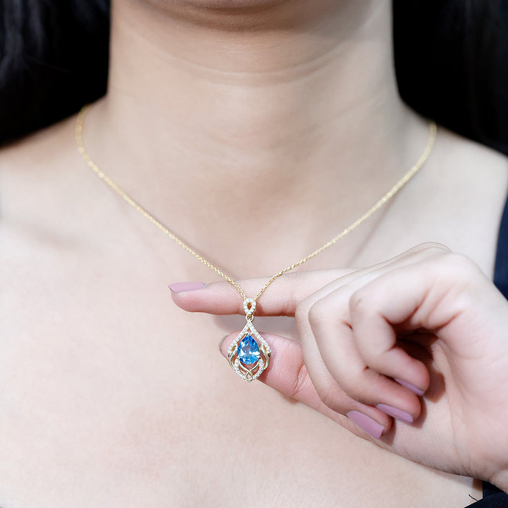 2.2 Carat Swiss Blue Topaz Designer Wedding Necklace with Lab Diamond - Luzilly Bridal & Apparel