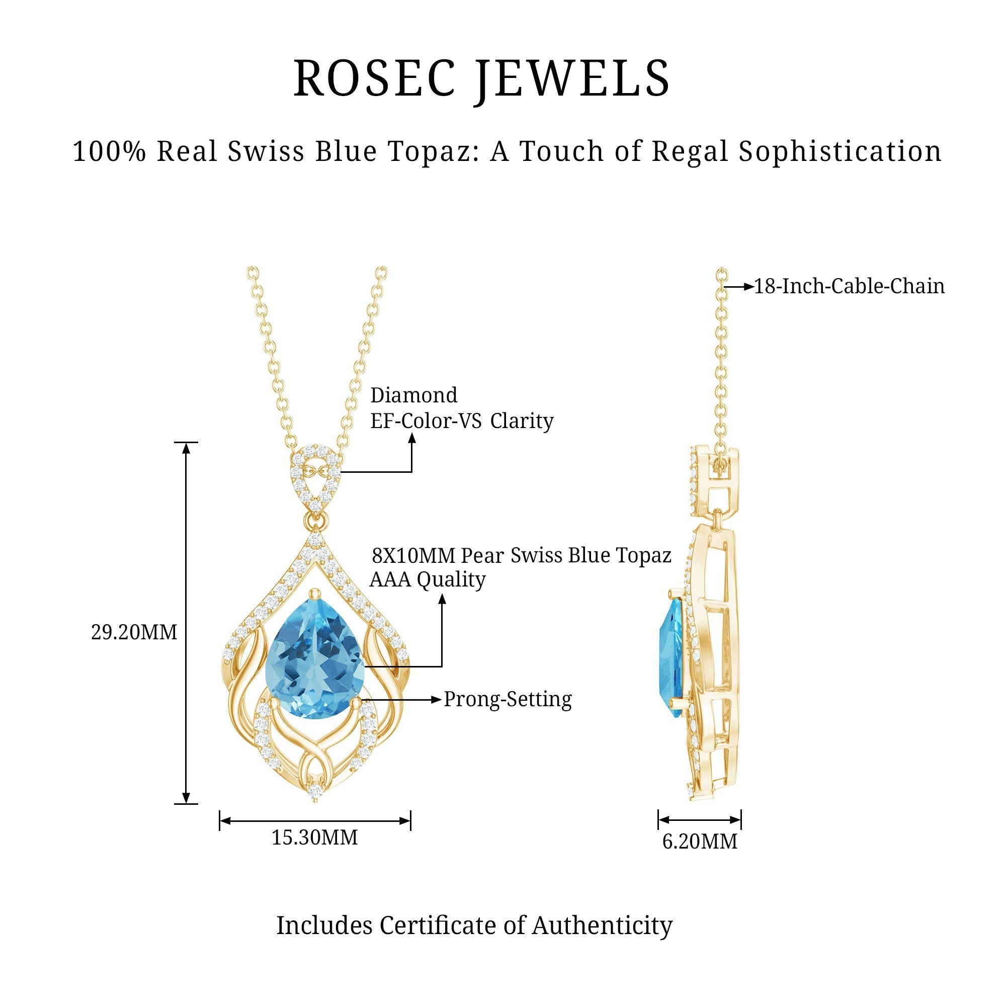 2.2 Carat Swiss Blue Topaz Designer Wedding Necklace with Lab Diamond - Luzilly Bridal & Apparel