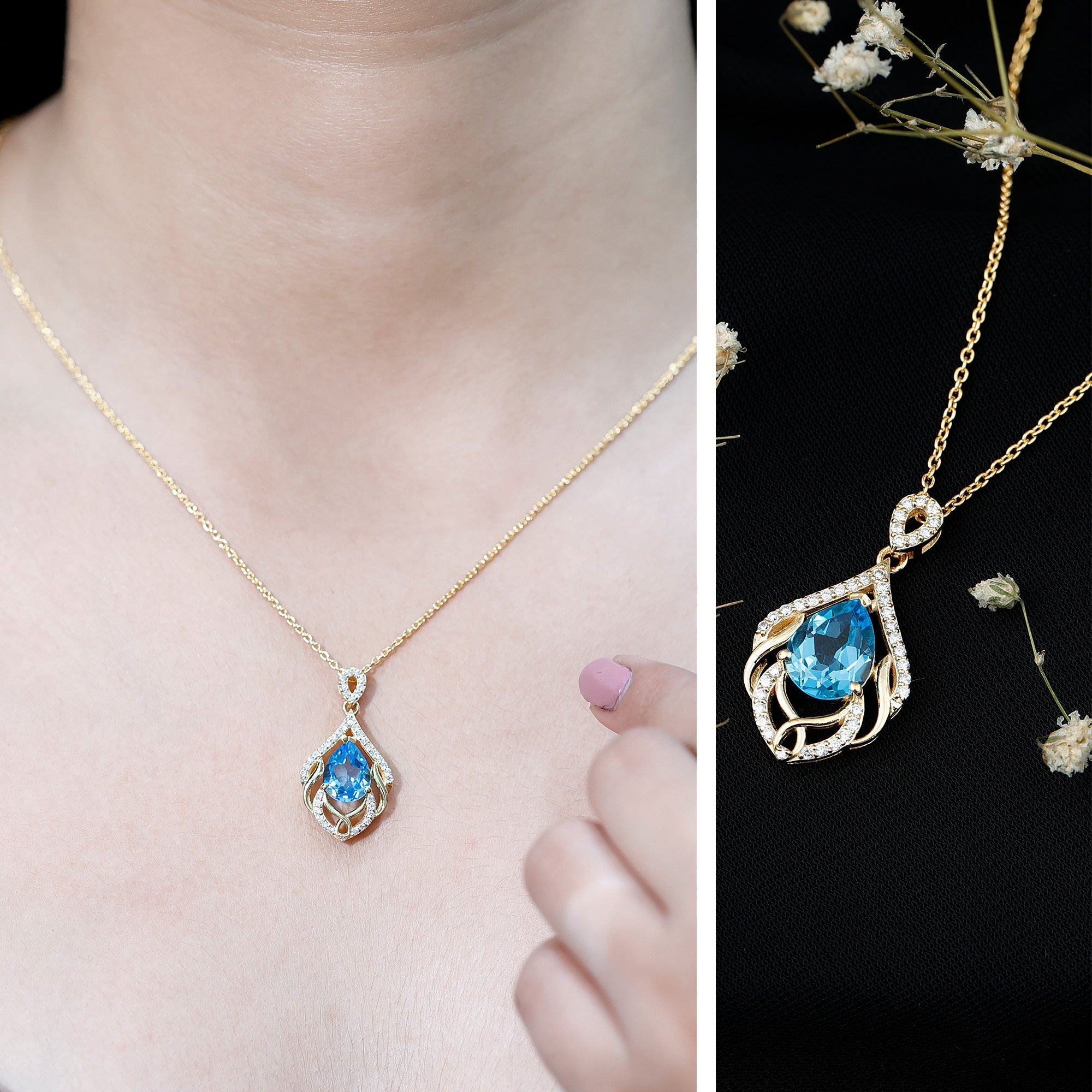 2.2 Carat Swiss Blue Topaz Designer Wedding Necklace with Lab Diamond - Luzilly Bridal & Apparel