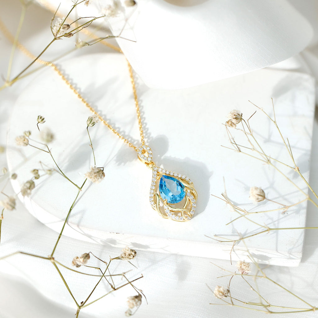 2.2 Carat Swiss Blue Topaz Designer Wedding Necklace with Lab Diamond - Luzilly Bridal & Apparel