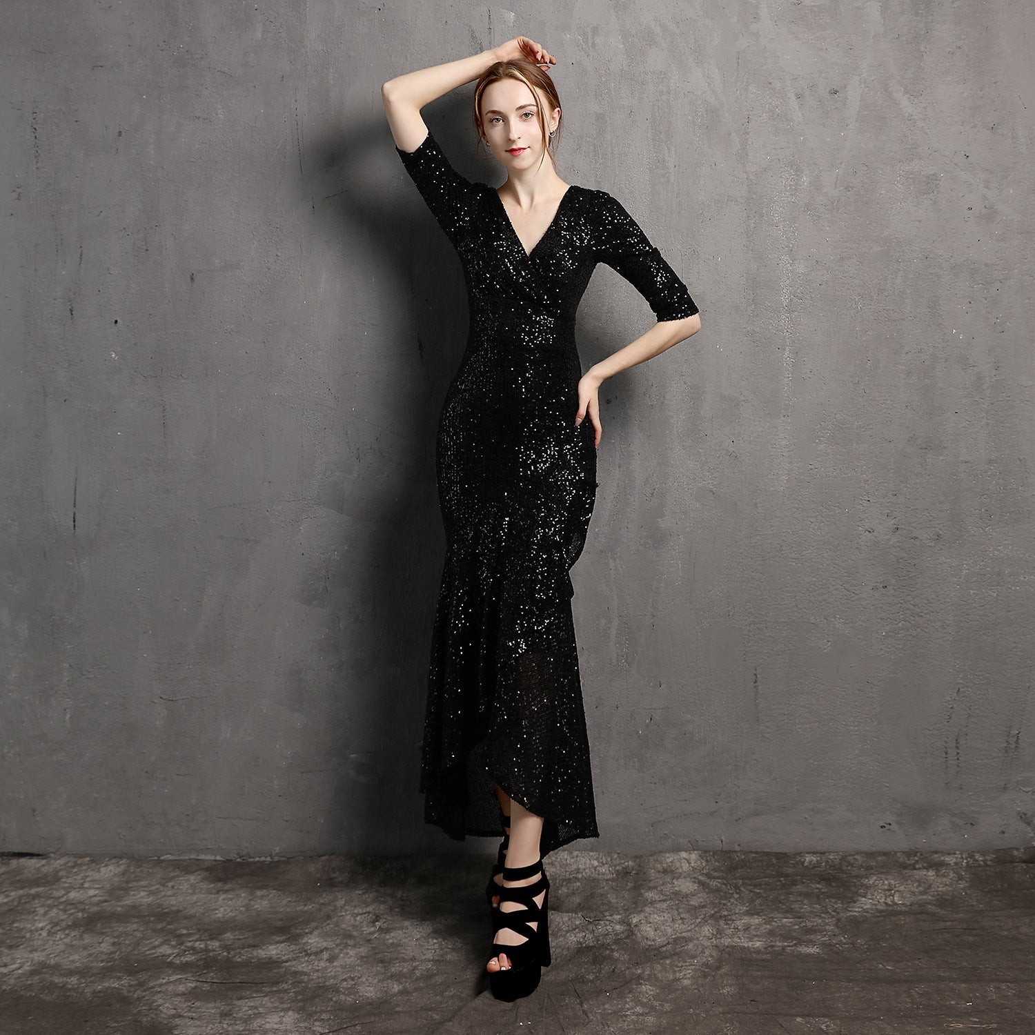 Long-Sleeve Beaded Banquet Dress