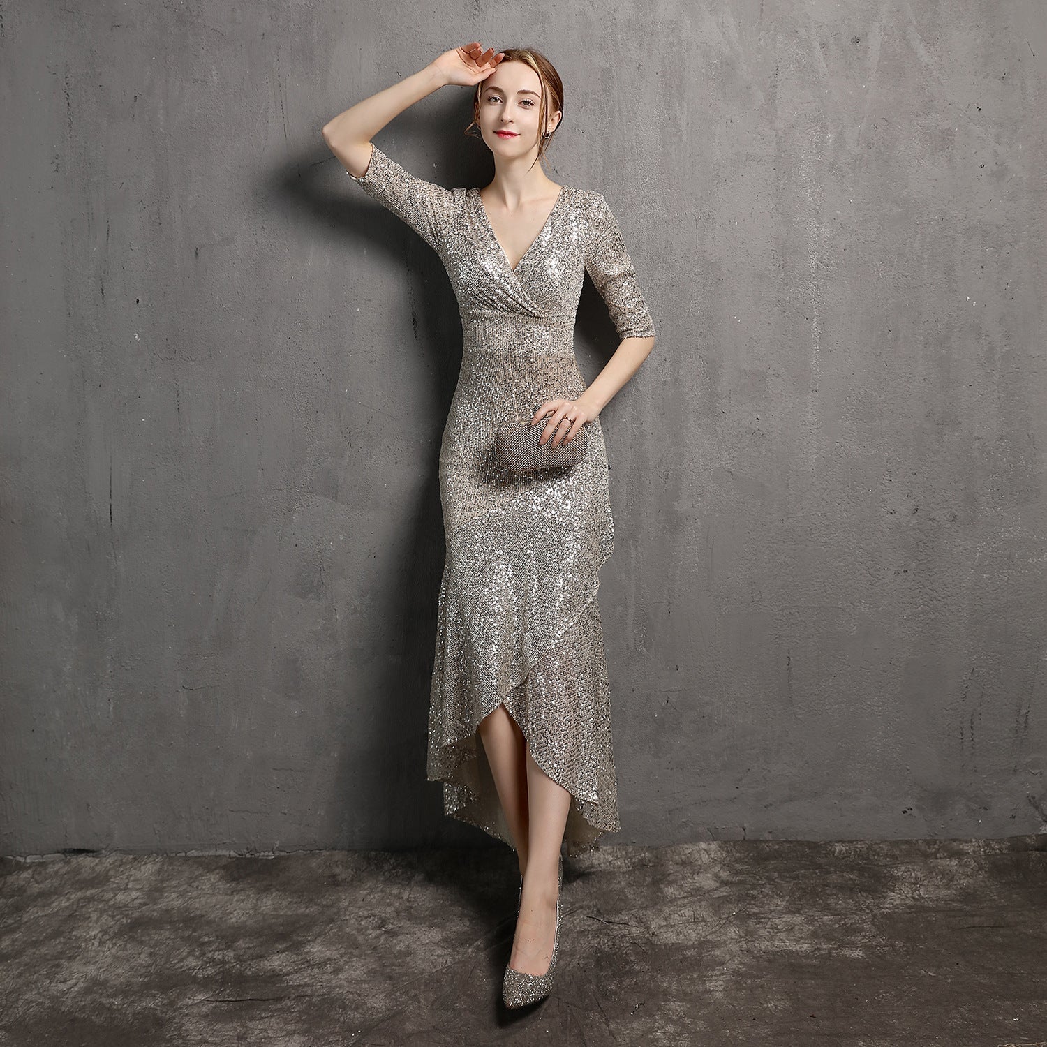 Long-Sleeve Beaded Banquet Dress
