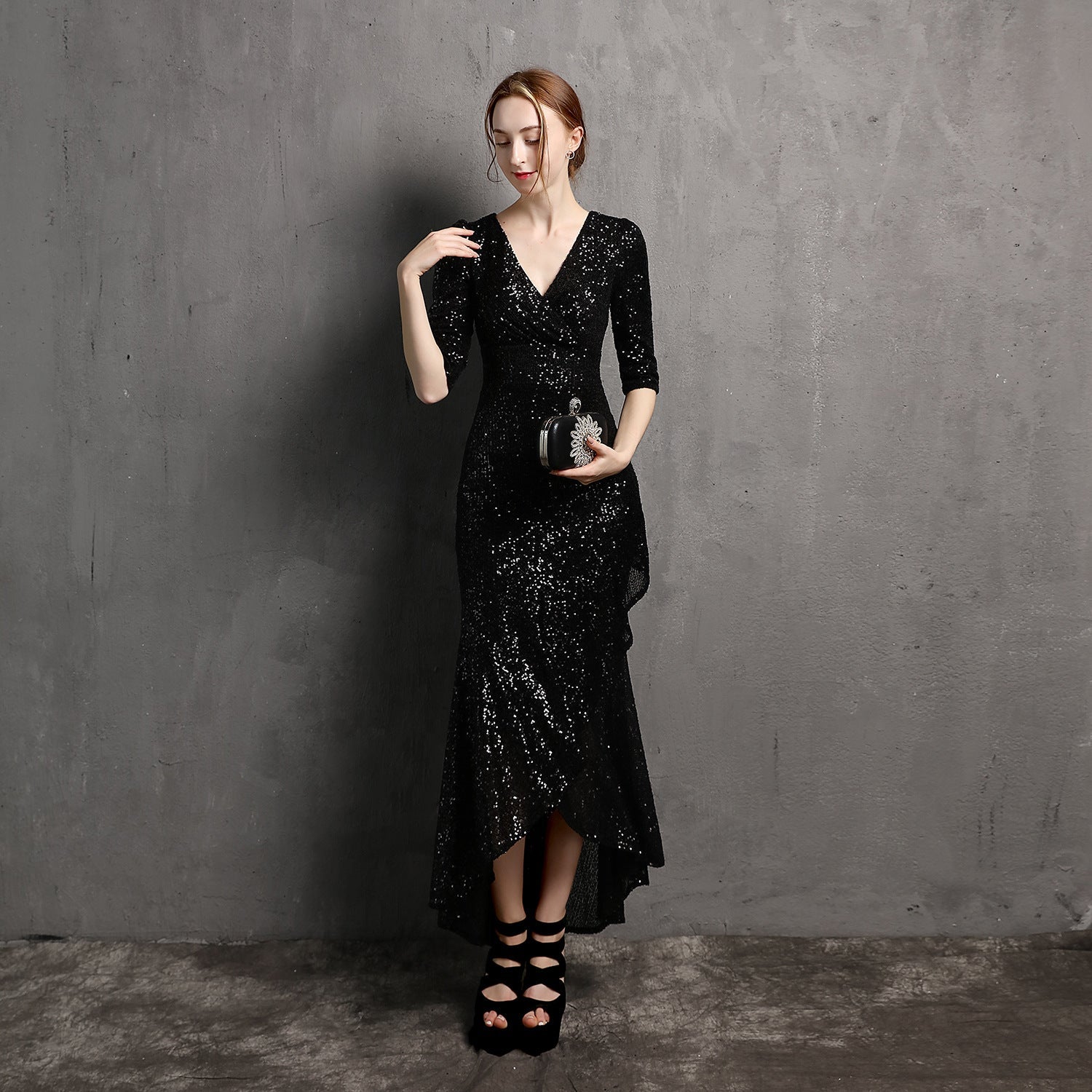 Long-Sleeve Beaded Banquet Dress