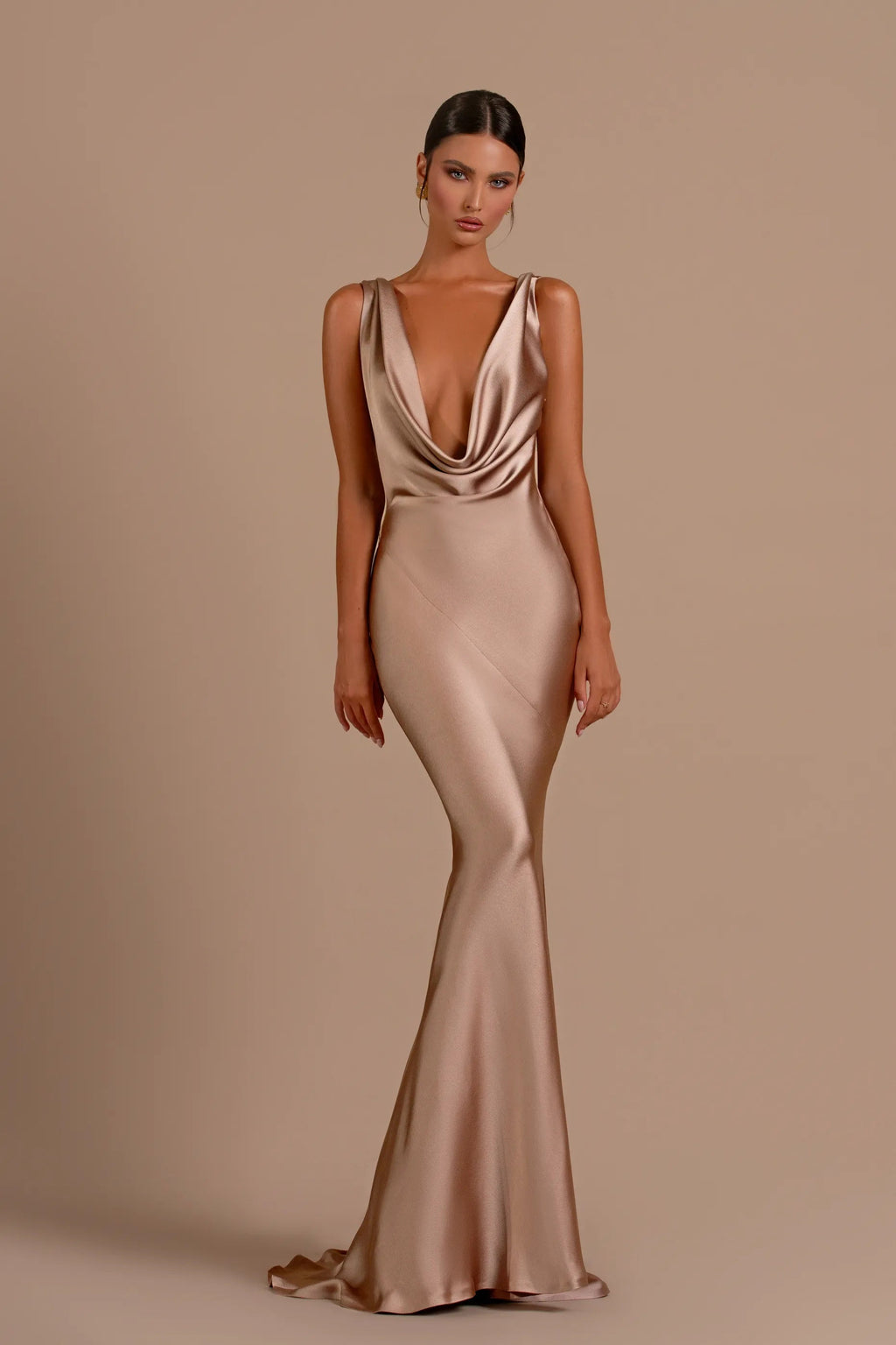 Deep V-Neck Satin Mermaid Bridesmaid Dress with Train