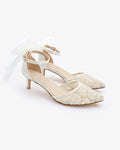 Crochet Lace Pointy Toe Wedding Kitten Low Heel with Tulle Back Bow