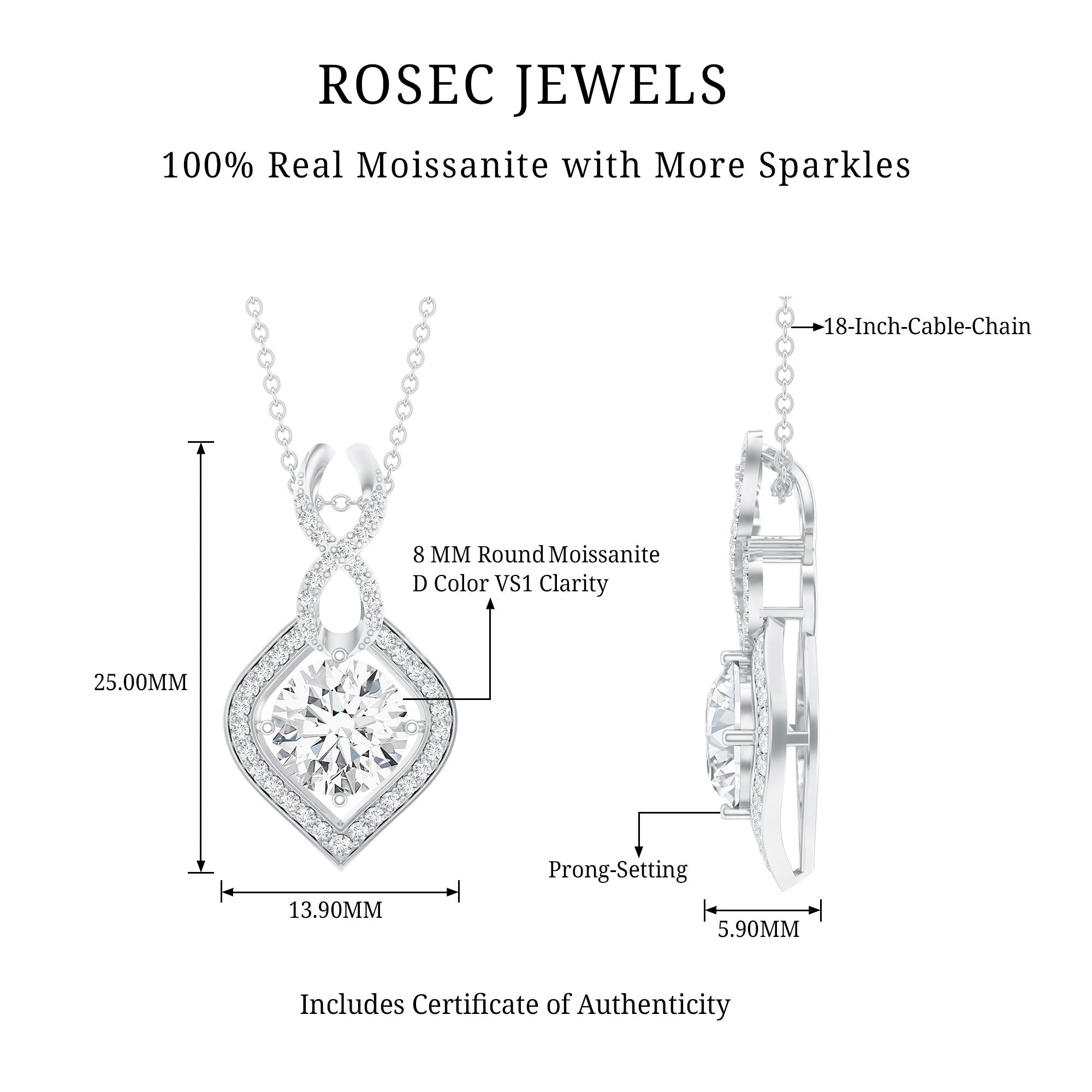 2.62 Carat Moissanite Wedding Necklace for Bride with Silver Chain - Luzilly Bridal & Apparel