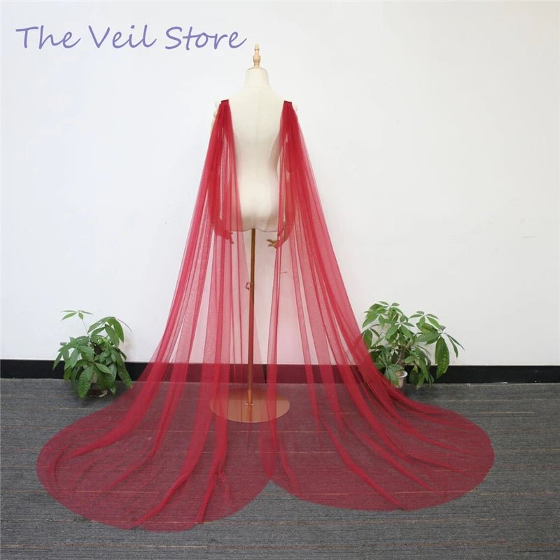 2Pcs Burgundy Win Red Wedding Shoulder Cape Draped Veils Tulle Bridal Wings Cloak Cathedral Long Accessories For Brides Vintage - Luzilly Bridal & Apparel