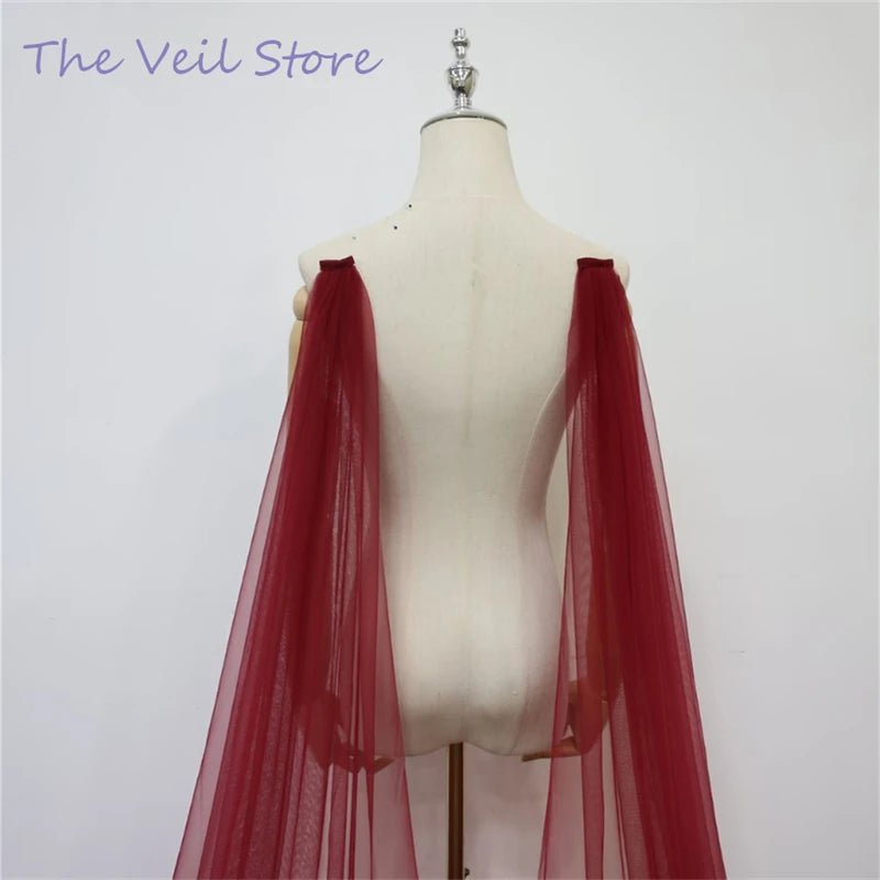 2Pcs Burgundy Win Red Wedding Shoulder Cape Draped Veils Tulle Bridal Wings Cloak Cathedral Long Accessories For Brides Vintage - Luzilly Bridal & Apparel