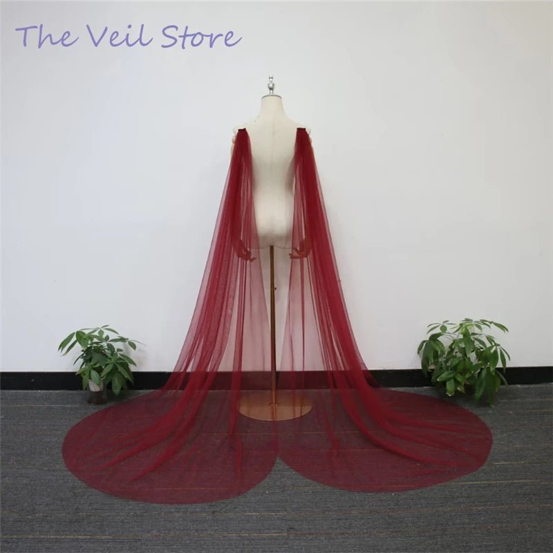 2Pcs Burgundy Win Red Wedding Shoulder Cape Draped Veils Tulle Bridal Wings Cloak Cathedral Long Accessories For Brides Vintage - Luzilly Bridal & Apparel