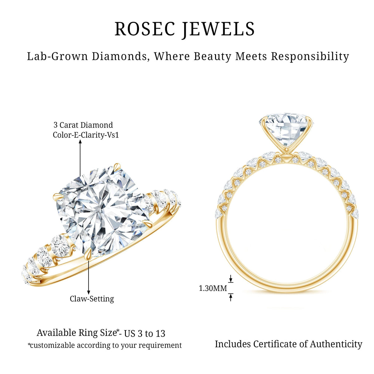 3 Carat IGI Certified Lab Grown Diamond Cushion Cut Engagement Ring with Side Stones - Luzilly Bridal & Apparel