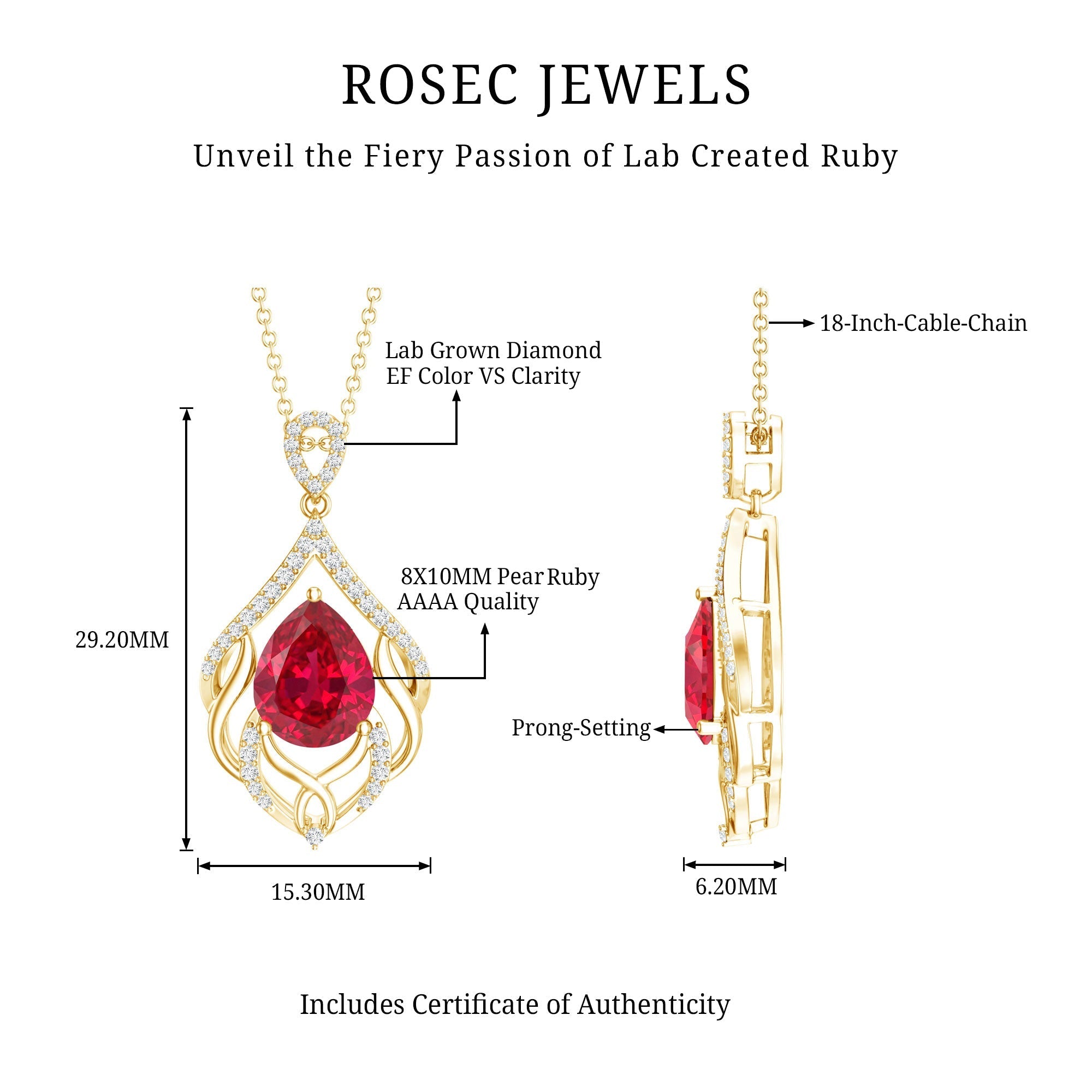 3 Carat Lab Grown Ruby Wedding Necklace with Diamond - Luzilly Bridal & Apparel