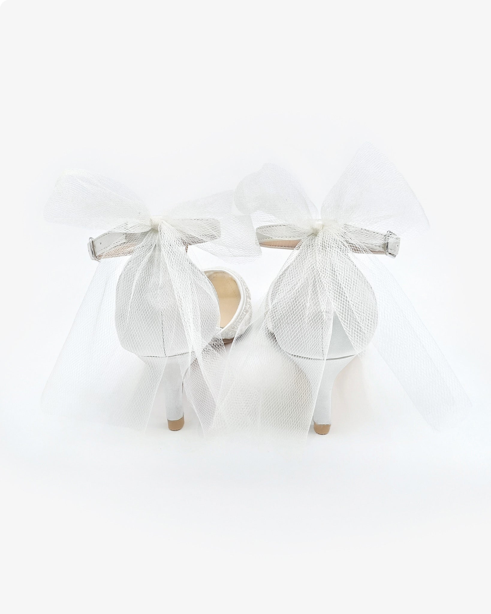 Crochet Lace Pointy Toe Wedding Kitten Low Heel with Tulle Back Bow