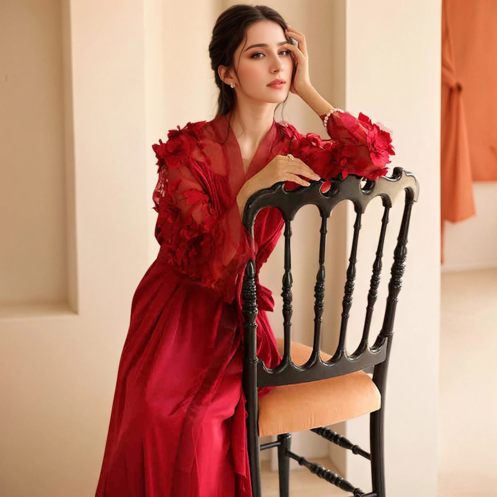 3D Floral Appliqué Sheer Sleeve Satin Robe – Wine Red or Ivory White - Luzilly Bridal & Apparel