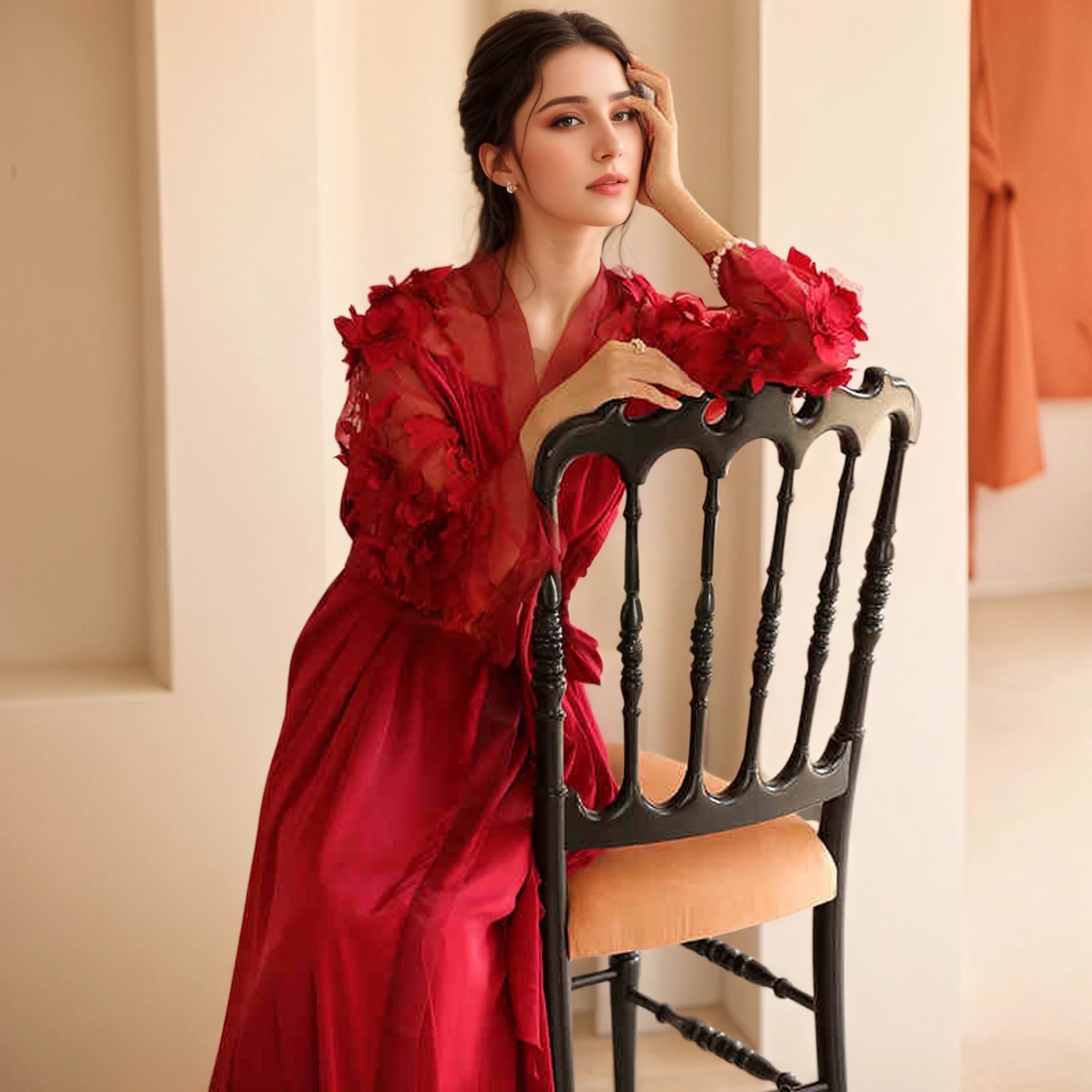 3D Floral Appliqué Sheer Sleeve Satin Robe – Wine Red or Ivory White - Luzilly Bridal & Apparel