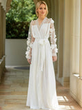 3D Floral Appliqué Sheer Sleeve Satin Robe – Wine Red or Ivory White - Luzilly Bridal & Apparel