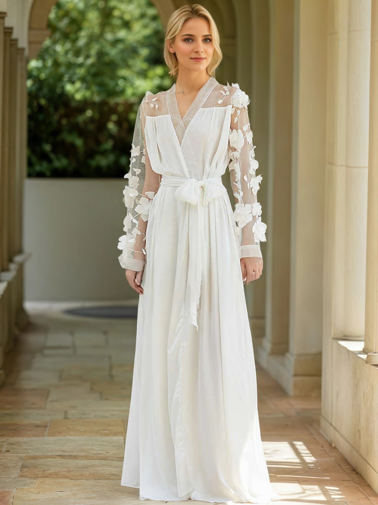 3D Floral Appliqué Sheer Sleeve Satin Robe – Wine Red or Ivory White - Luzilly Bridal & Apparel