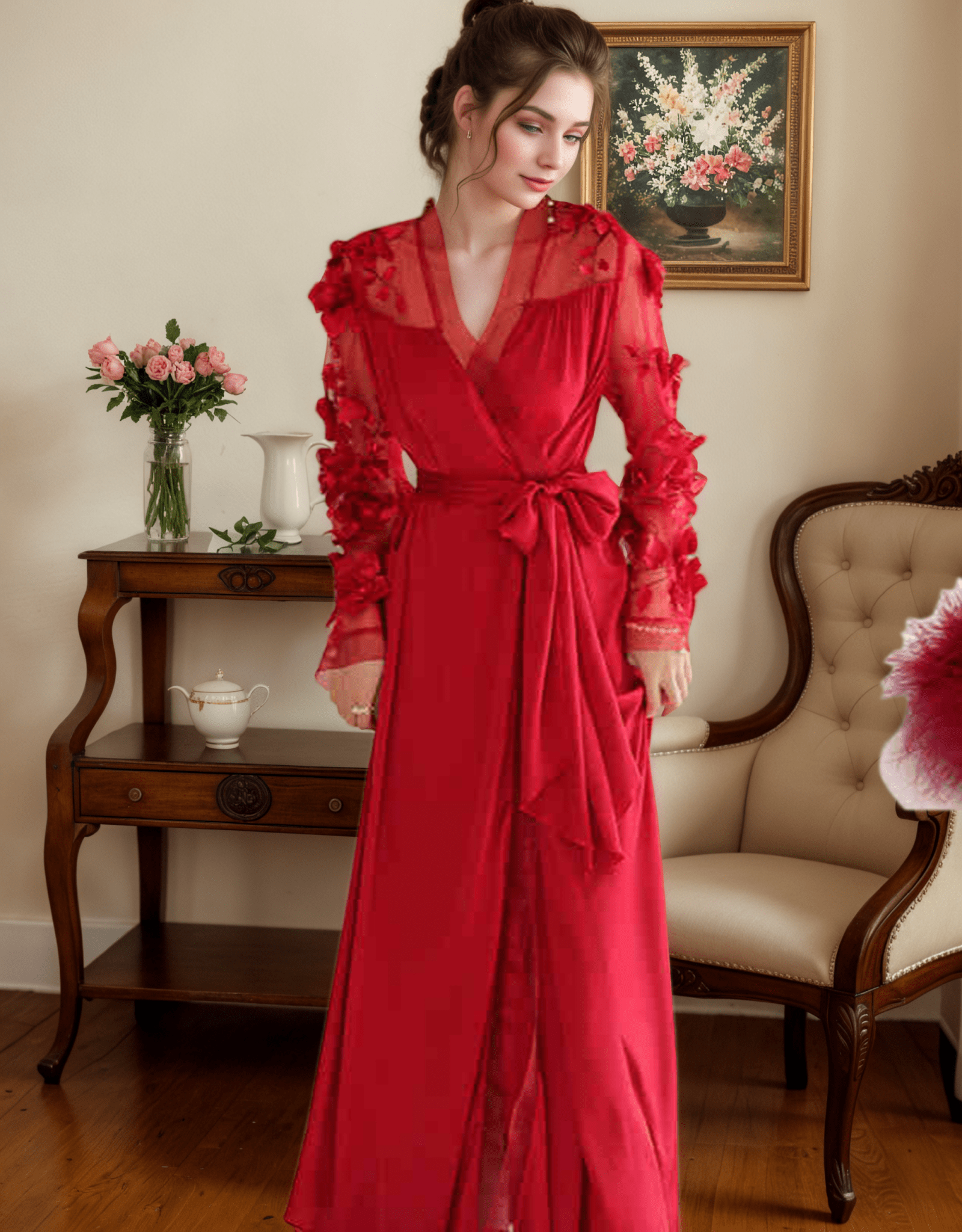 3D Floral Appliqué Sheer Sleeve Satin Robe – Wine Red or Ivory White - Luzilly Bridal & Apparel