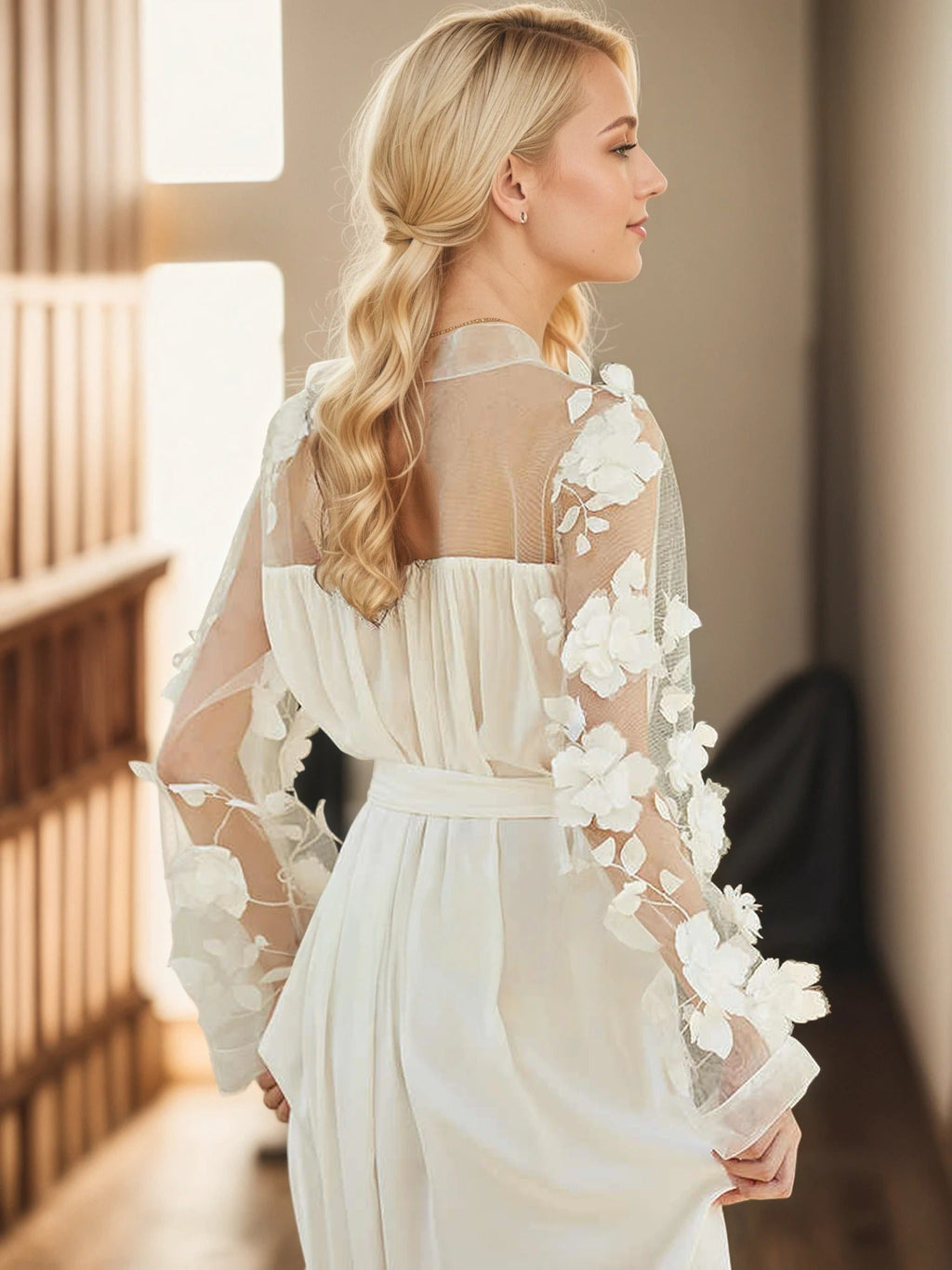 3D Floral Appliqué Sheer Sleeve Satin Robe – Wine Red or Ivory White - Luzilly Bridal & Apparel
