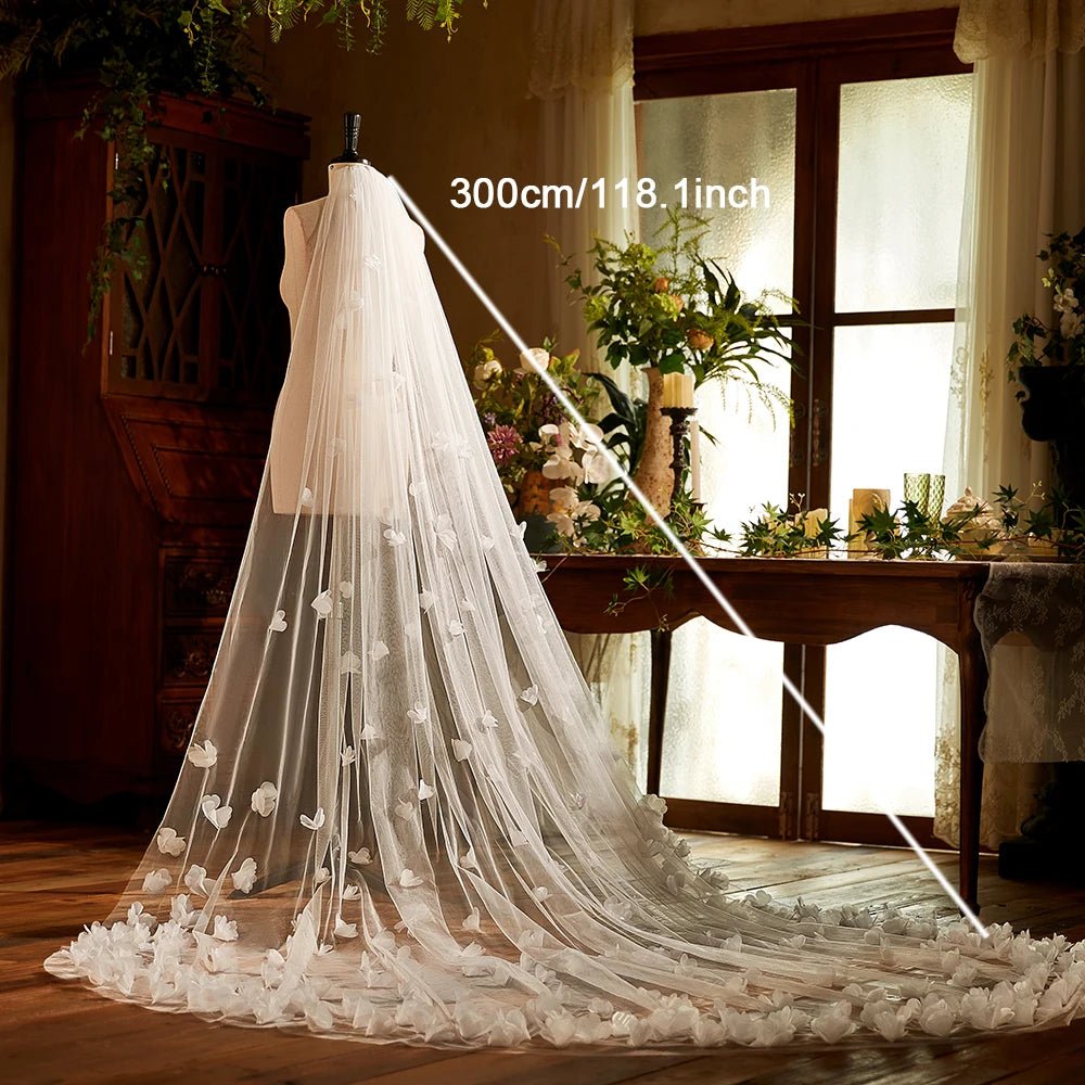 3D Floral Cathedral Wedding Veil with Comb - Luzilly Bridal & Apparel
