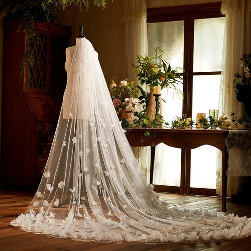 3D Floral Cathedral Wedding Veil with Comb - Luzilly Bridal & Apparel
