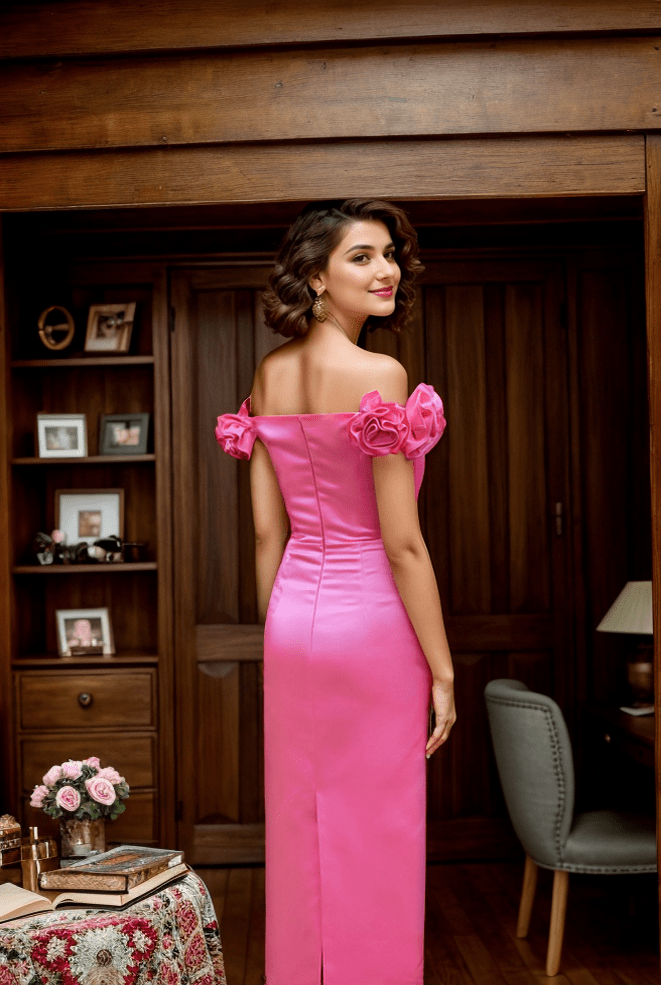 3D floral sleeves Off the shoulder ankle length sheath silky satin prom dress - Luzilly Bridal & Apparel