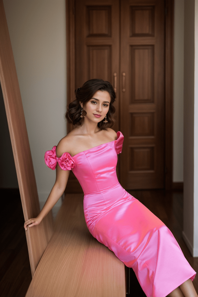 3D floral sleeves Off the shoulder ankle length sheath silky satin prom dress - Luzilly Bridal & Apparel