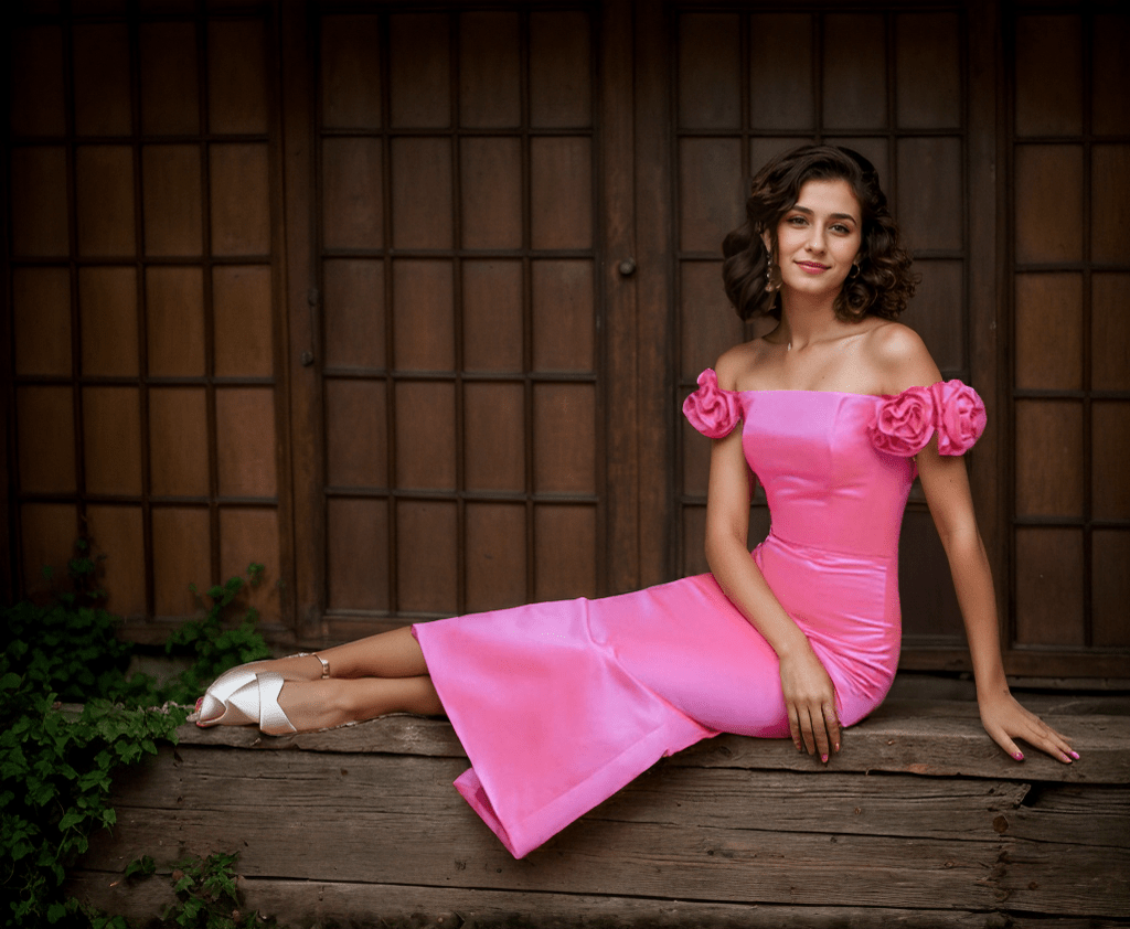 3D floral sleeves Off the shoulder ankle length sheath silky satin prom dress - Luzilly Bridal & Apparel