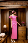 3D floral sleeves Off the shoulder ankle length sheath silky satin prom dress - Luzilly Bridal & Apparel