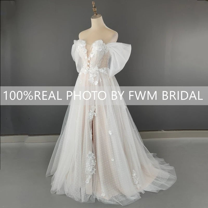 3D Flower Off-Shoulder A-Line Wedding Dress with High Slit - Luzilly Bridal & Apparel