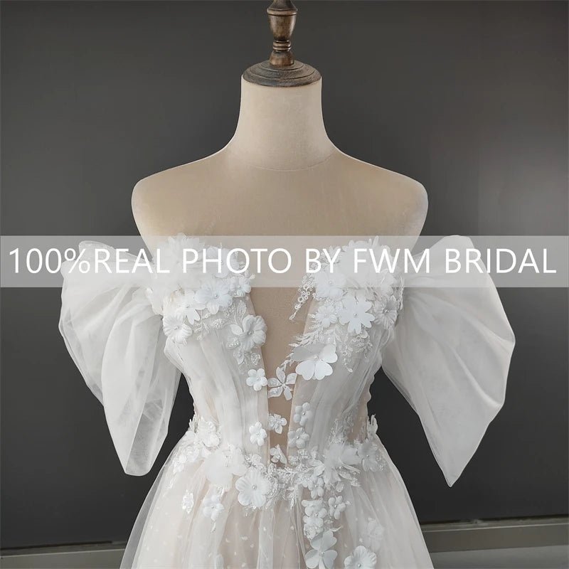 3D Flower Off-Shoulder A-Line Wedding Dress with High Slit - Luzilly Bridal & Apparel