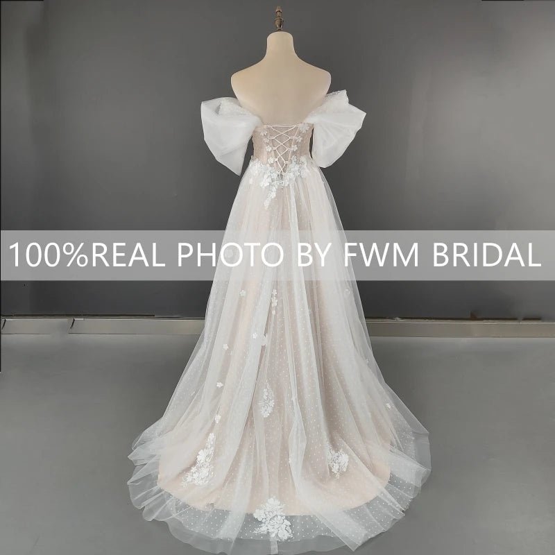 3D Flower Off-Shoulder A-Line Wedding Dress with High Slit - Luzilly Bridal & Apparel