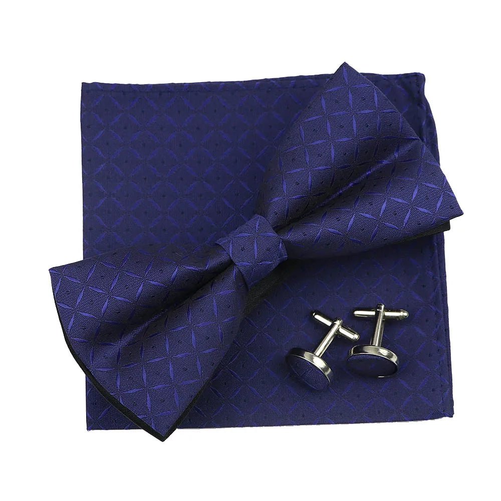 3PC Mens Bowtie Set Fashion Dot Solid Polyester Bow Tie Handkerchief Cufflinks Bar Party Wedding Business Daily Wear Accessories - Luzilly Bridal & Apparel