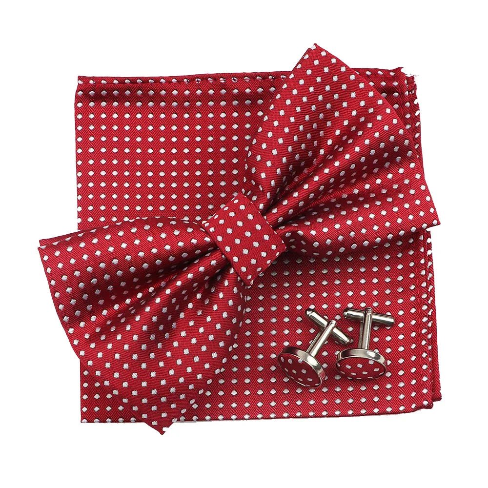 3PC Mens Bowtie Set Fashion Dot Solid Polyester Bow Tie Handkerchief Cufflinks Bar Party Wedding Business Daily Wear Accessories - Luzilly Bridal & Apparel