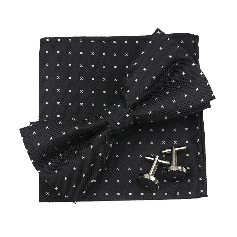3PC Mens Bowtie Set Fashion Dot Solid Polyester Bow Tie Handkerchief Cufflinks Bar Party Wedding Business Daily Wear Accessories - Luzilly Bridal & Apparel