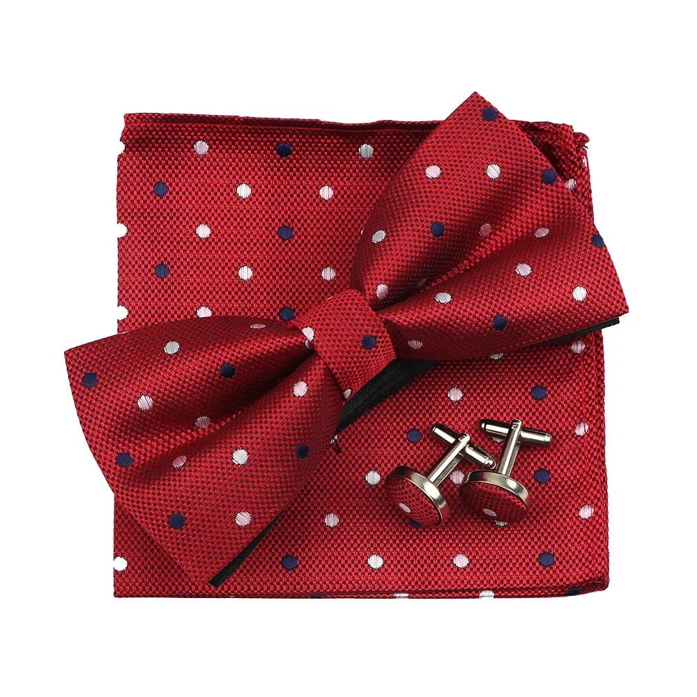3PC Mens Bowtie Set Fashion Dot Solid Polyester Bow Tie Handkerchief Cufflinks Bar Party Wedding Business Daily Wear Accessories - Luzilly Bridal & Apparel