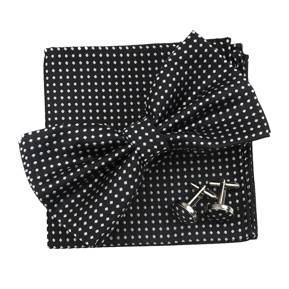 3PC Mens Bowtie Set Fashion Dot Solid Polyester Bow Tie Handkerchief Cufflinks Bar Party Wedding Business Daily Wear Accessories - Luzilly Bridal & Apparel