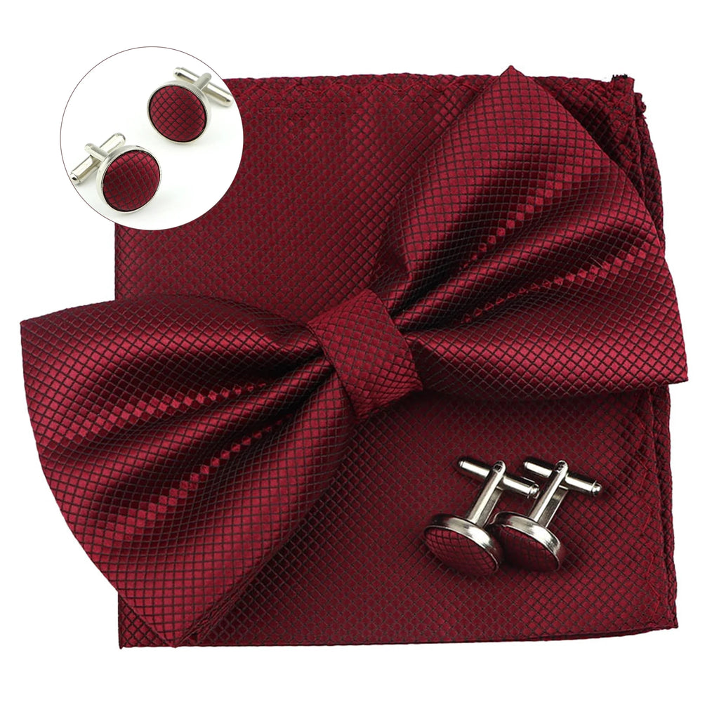 3PC Mens Bowtie Set Fashion Dot Solid Polyester Bow Tie Handkerchief Cufflinks Bar Party Wedding Business Daily Wear Accessories - Luzilly Bridal & Apparel
