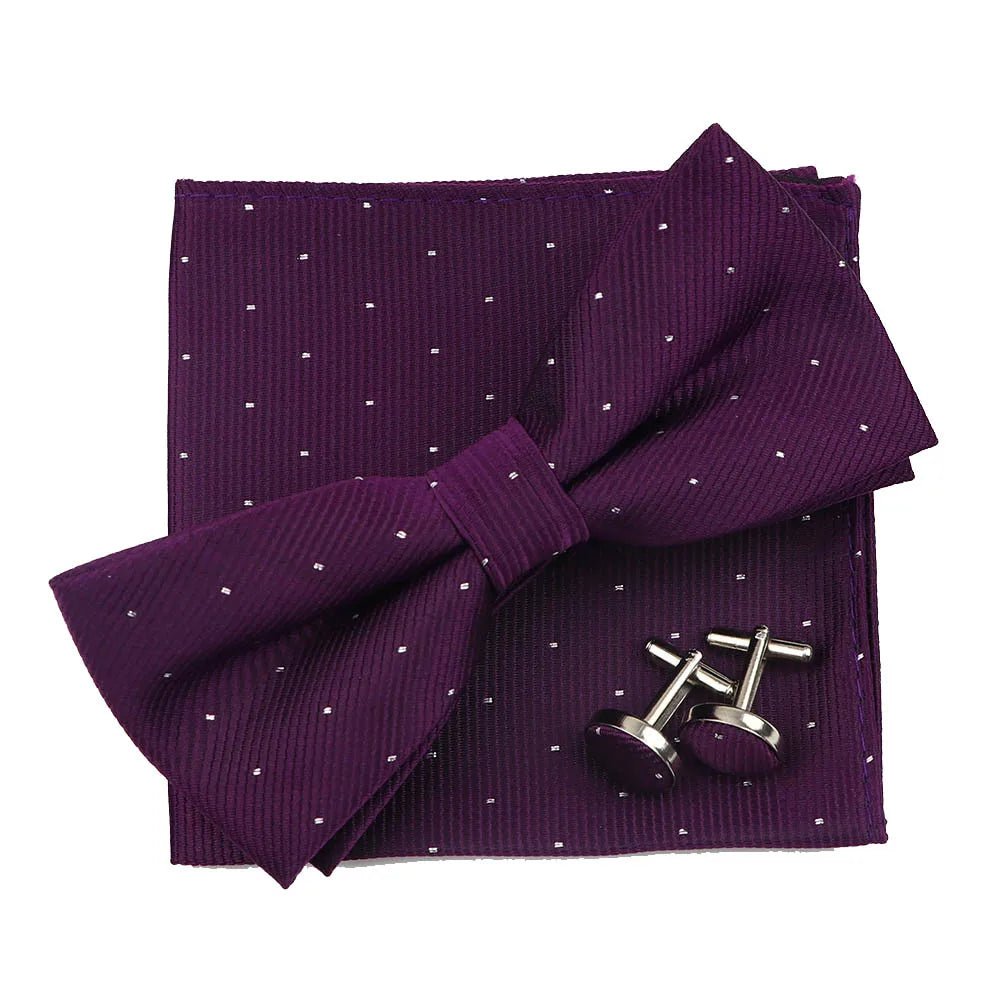 3PC Mens Bowtie Set Fashion Dot Solid Polyester Bow Tie Handkerchief Cufflinks Bar Party Wedding Business Daily Wear Accessories - Luzilly Bridal & Apparel