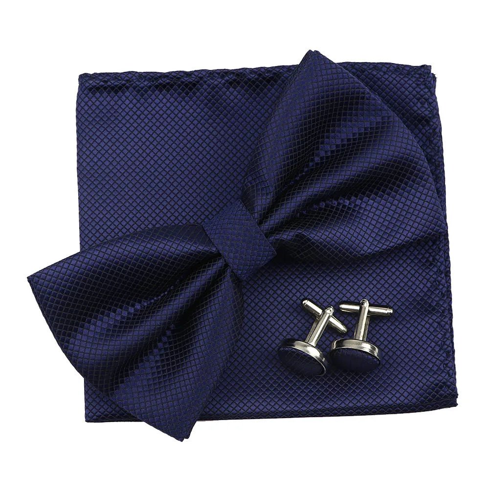 3PC Mens Bowtie Set Fashion Dot Solid Polyester Bow Tie Handkerchief Cufflinks Bar Party Wedding Business Daily Wear Accessories - Luzilly Bridal & Apparel
